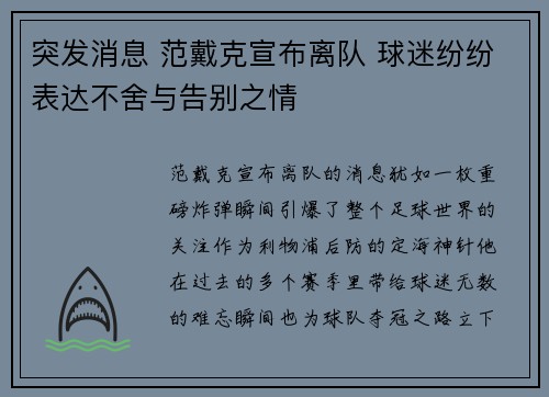 突发消息 范戴克宣布离队 球迷纷纷表达不舍与告别之情 突发消息 范戴克宣布离队 球迷纷纷表达不舍与告别之情