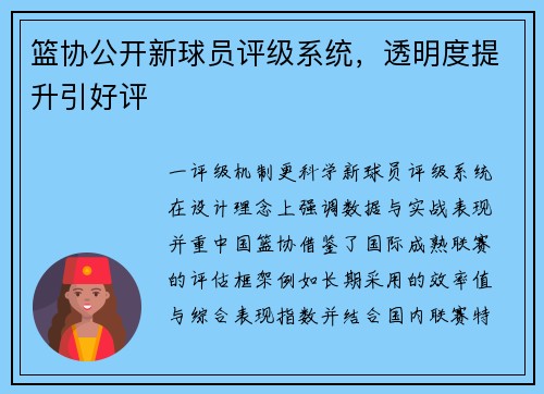 篮协公开新球员评级系统，透明度提升引好评